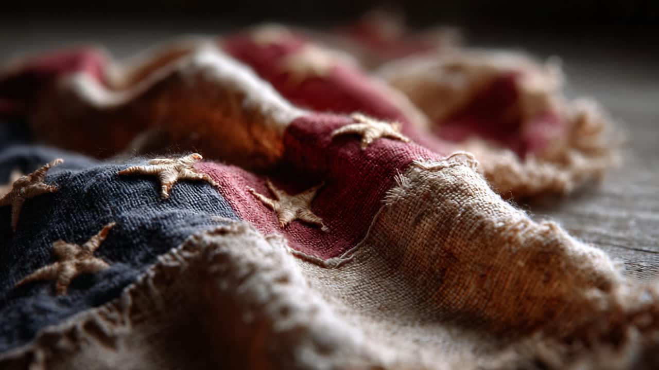 A Beautifully Worn and Weathered American Flag Draped on a Rustic Surface, Showcasing the Rich Colors and Textures of Traditional Patriotism