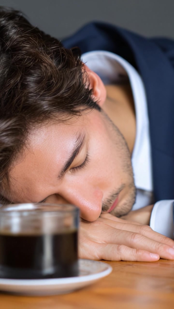 Individuo esausto che riposa su un tavolo accanto a una tazza di caffè, illustrando la fatica in un ambiente professionale con un focus sulla tranquillità e il relax.