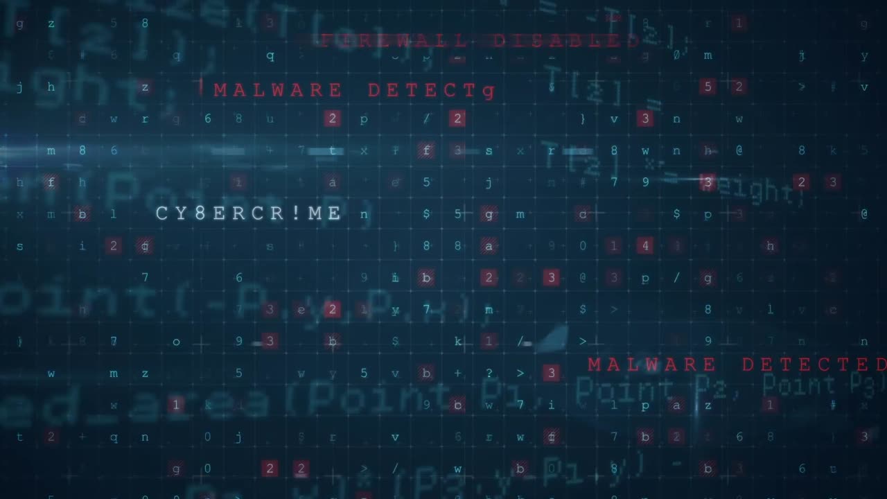 Animation of cyber attack warning over data processing on black background