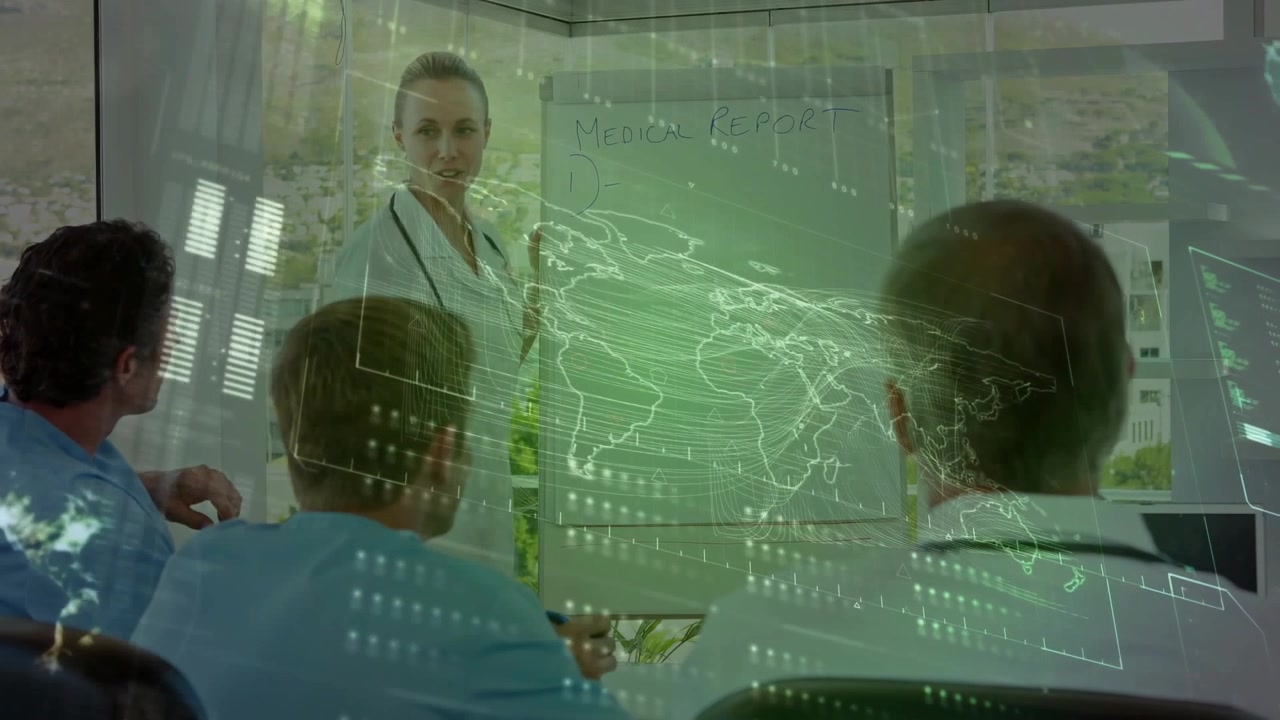 Female doctor writing Medical Report on board, erasing and briefing team while holo map annotating