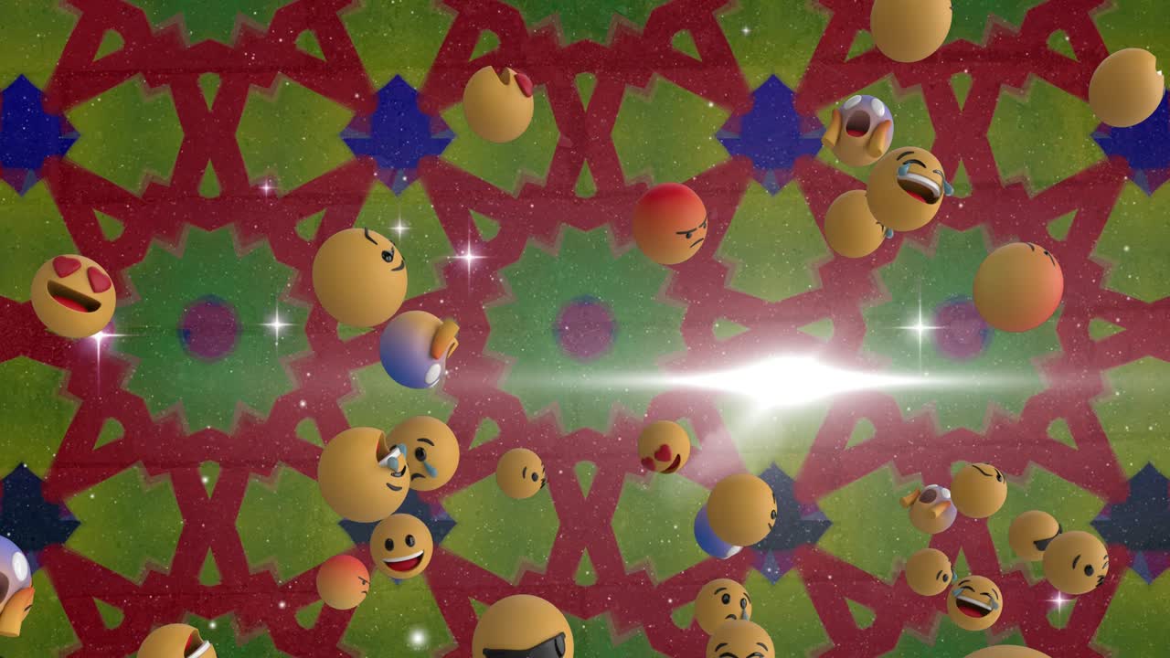 배경에서 바뀌는 칼레이도스코프 모양에 맞춰 움직이는 여러 얼굴 이모티콘