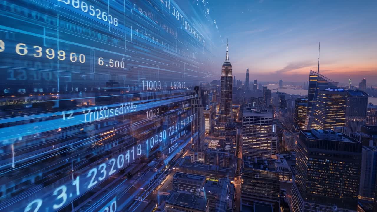 Dusk arriving over Manhattan skyscrapers, overlay streaming numeric data visualizing market trends
