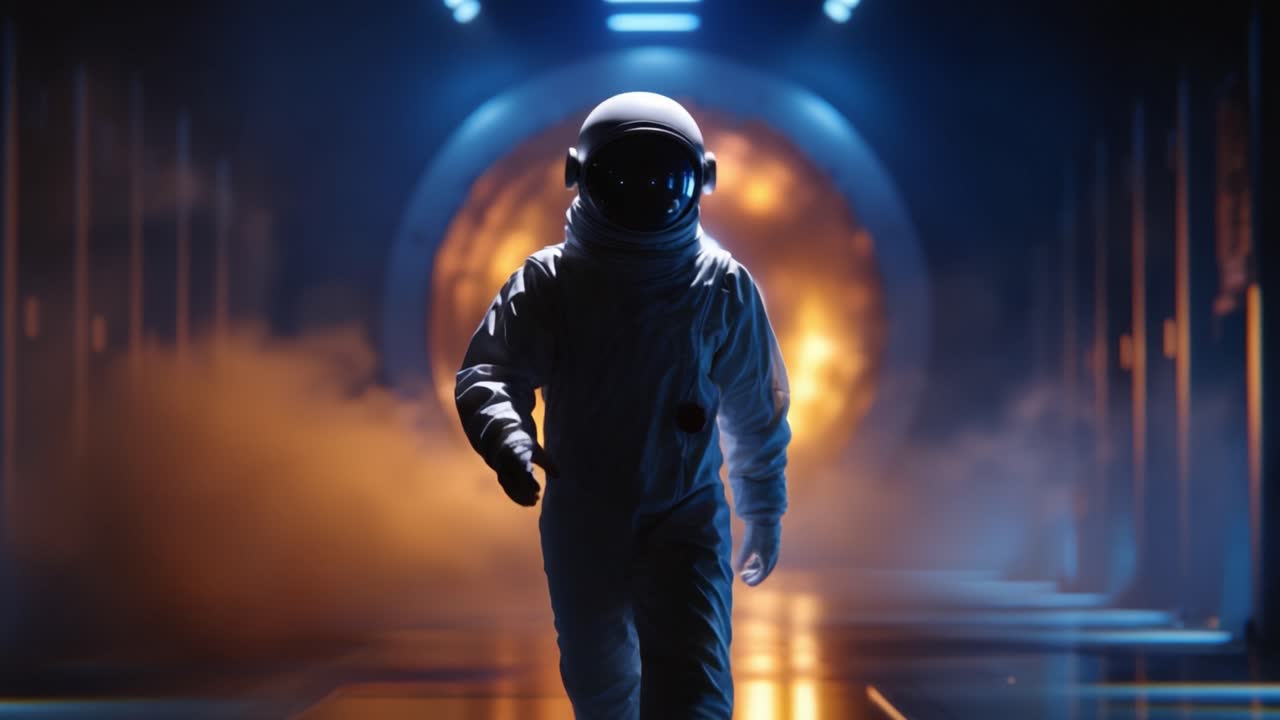 A Mysterious Astronaut Walking Through a High-Tech Corridor Surrounded by Glowing Lights and Atmospheric Effects, Highlighting Space Exploration and Adventure