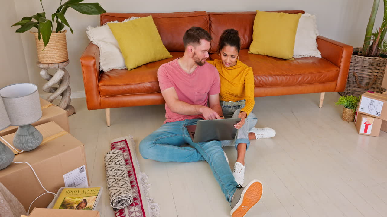 Couple, laptop and planning for furniture in new