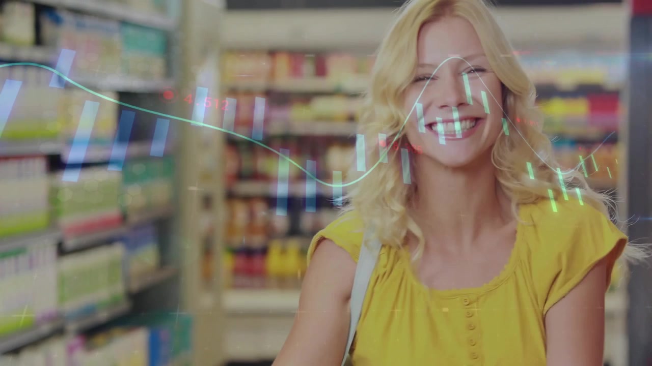 woman browsing bright grocery aisle, with retail analytics overlays showing bar charts on shelves