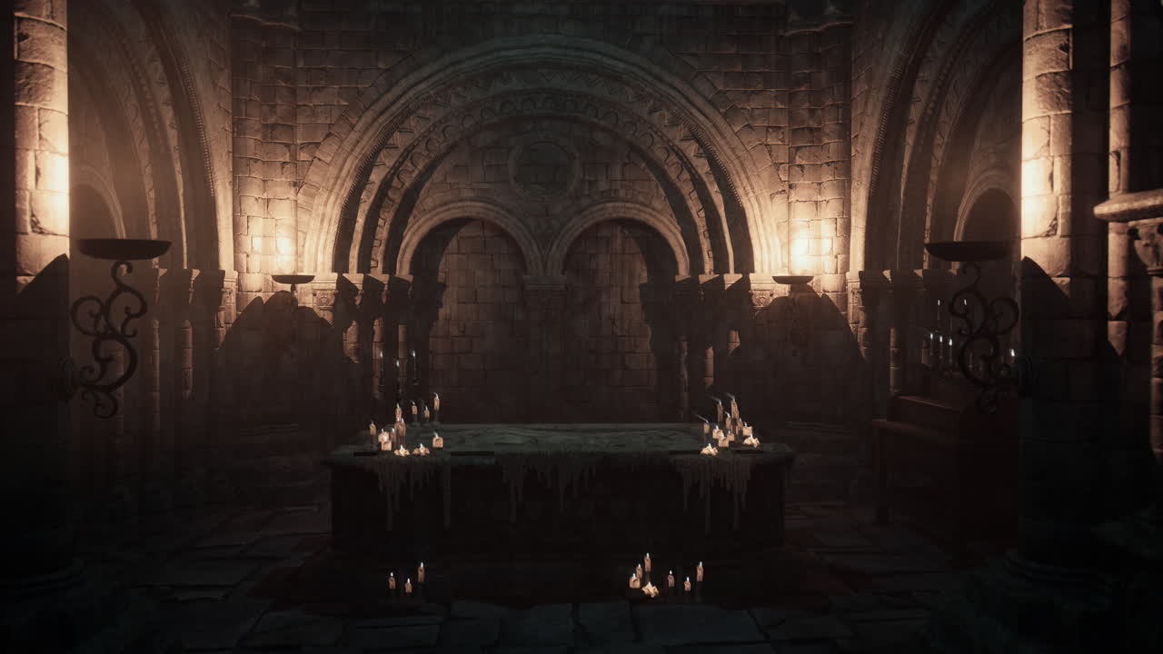 어두운 중세 예배당 내부