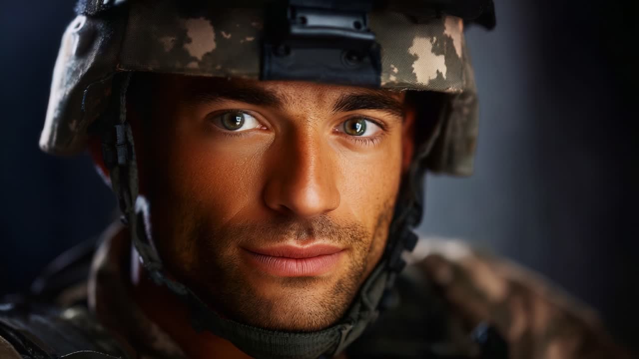 Primo piano di un soldato concentrato in tenuta militare, con occhi intensi che catturano l'essenza del valore e dell'impegno nel servizio e nel dovere