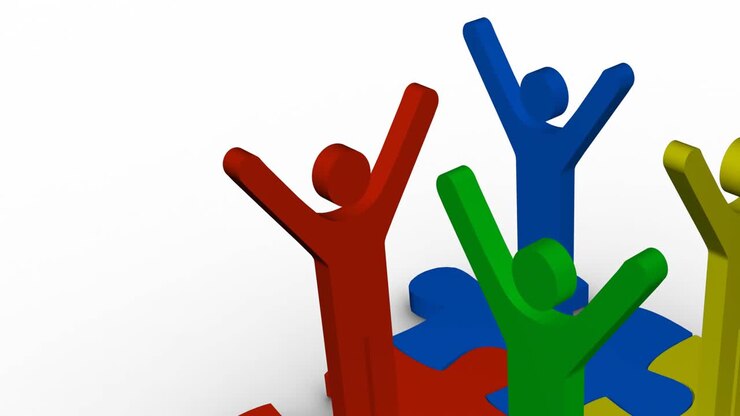 Animation of colourful people icons raising hands and standing on colourful puzzle