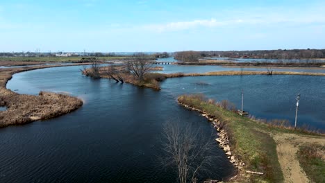 slow west facing track over various bends and inlets on the river