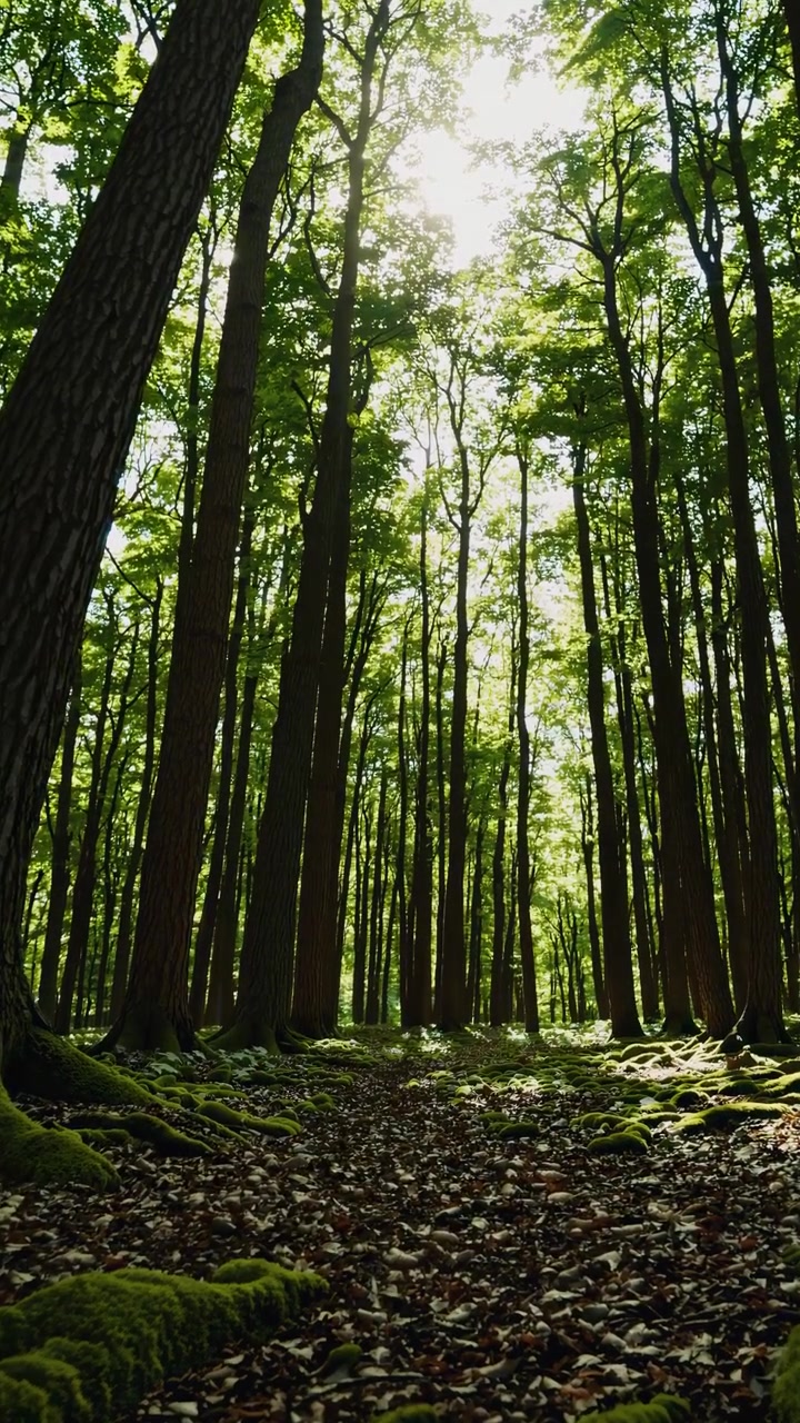 Vista de Ângulo Baixo da Luz Solar Brilhando Através de uma Exuberante Copa de Floresta