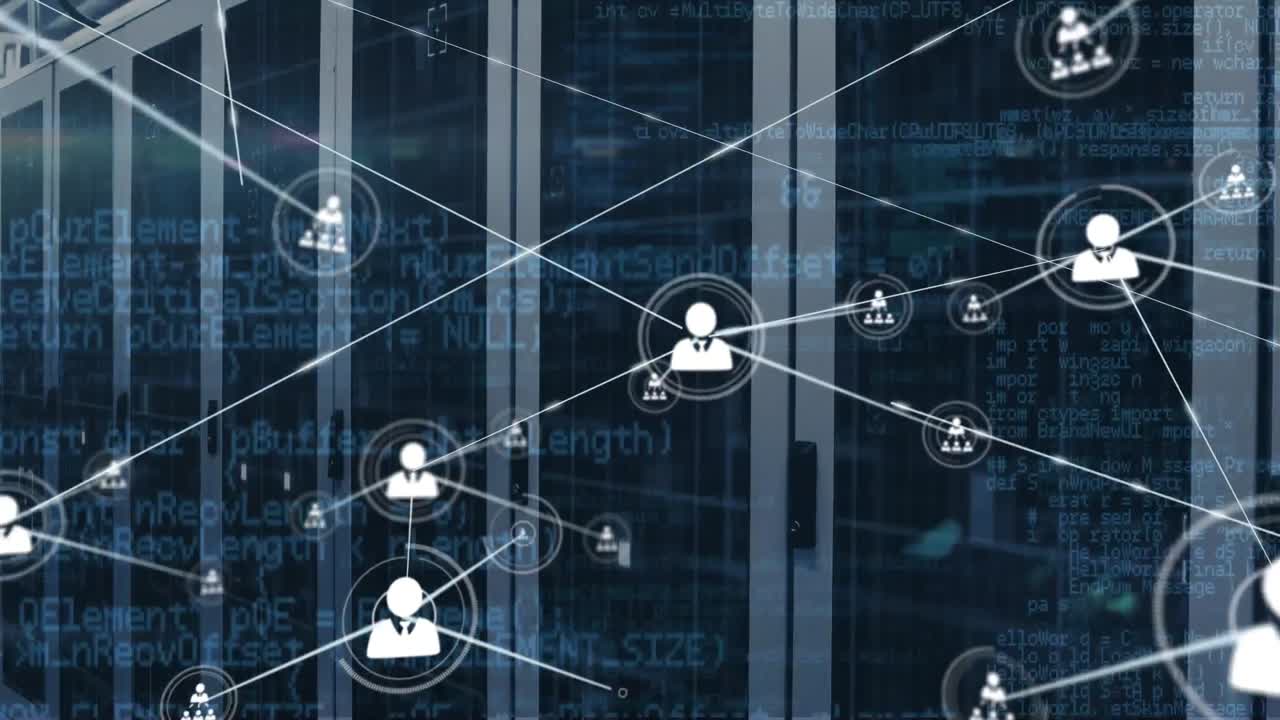 Animation of computer language and connected icons over server room in background