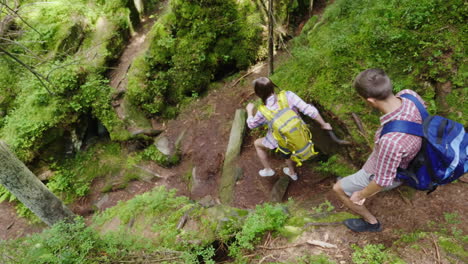 Friends-Go-Down-A-Steep-Montaña-Path-Traveling-And-Adventures-In-The-Forest-Active-Way-Of-Life