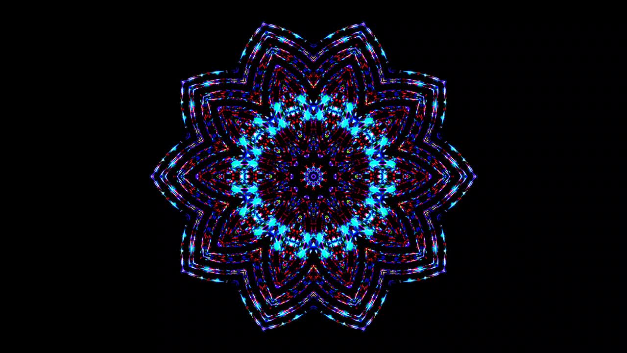 rayas azules ondas brillantes forma de flor, caleidoscopio fondo negro