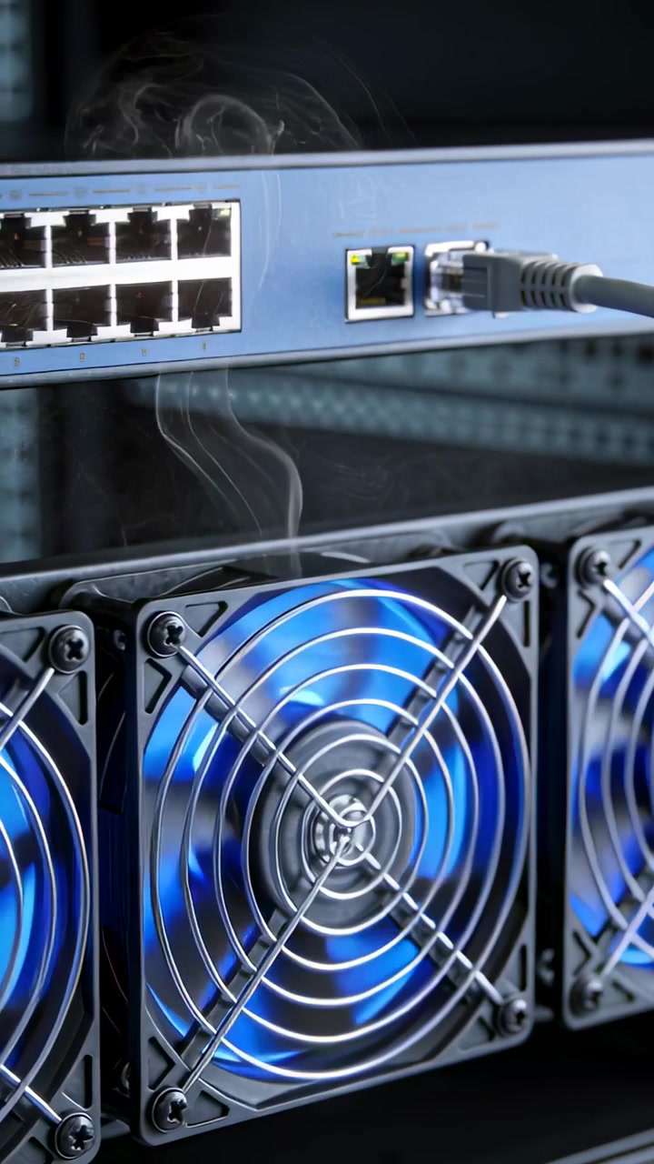 Vertical video: Camera framing rack fans and RJ45 port, blue fans spinning for cooling