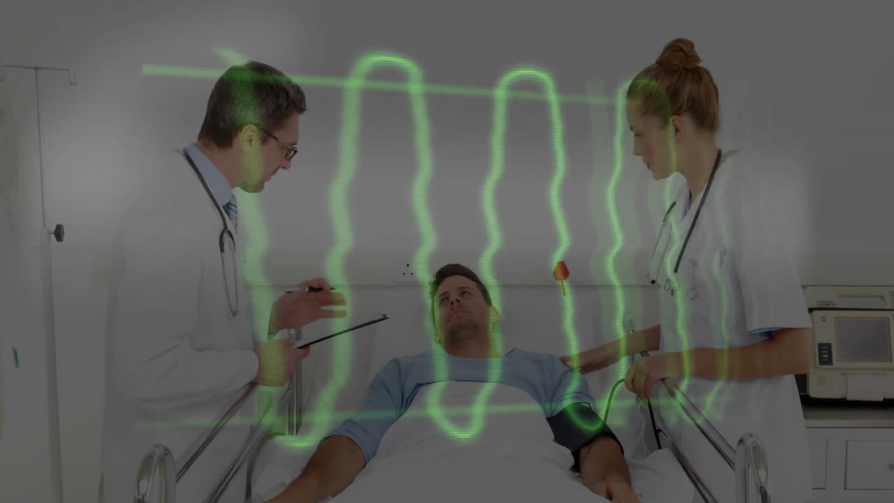Doctors examining patient in hospital bed with green wave animation over them