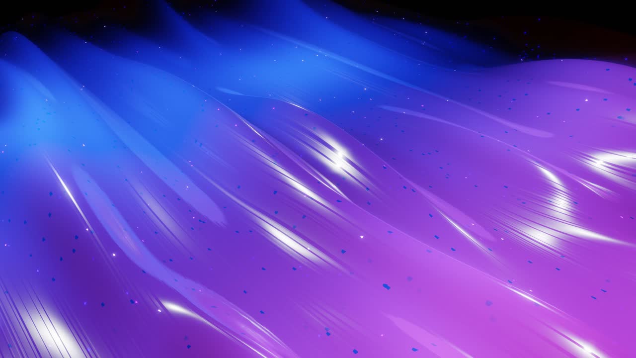 Abstract 3D surface with beautiful waves, luminous sparkles and bright color gradient blue purple. Waves run on very shiny, glossy surface with glow glitter. 4k looped animation