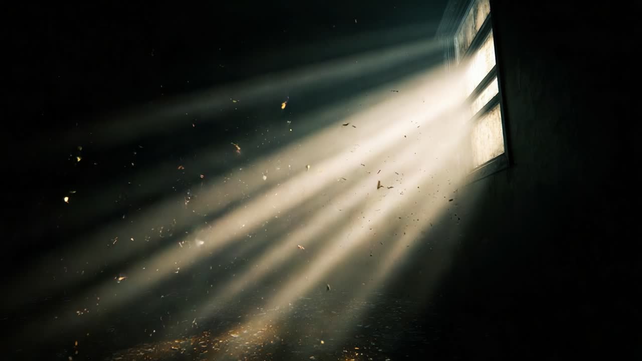 A Serene Moment Illuminated by Sunbeams: Capturing the Tranquil Beauty of Dust Particles Dancing in the Light Streaming Through a Window in an Abandoned Space