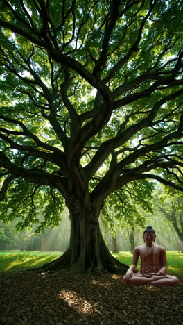 buddha under a majestic tree in a serene forest landscape