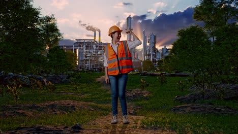 full body of asian female engineer with safety helmet flexing her bicep and smiling to camera while standing in front of oil refinery