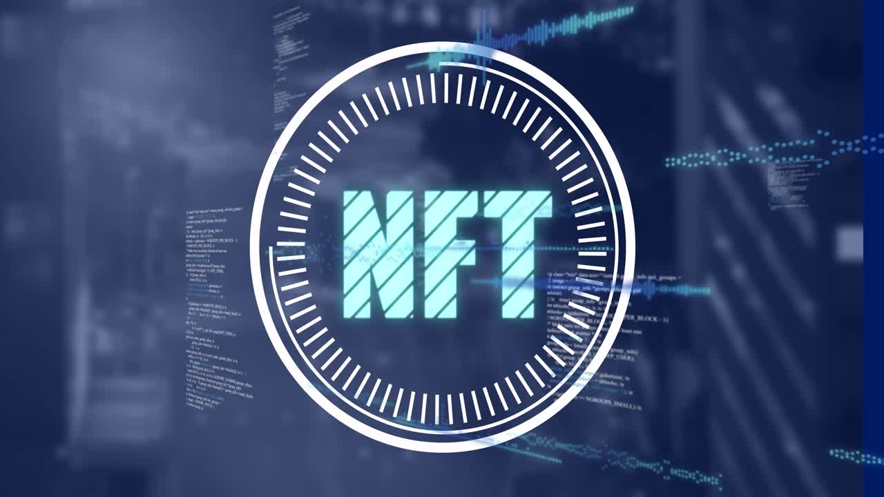 Animasjon av databehandling og NFT-tekst over uskarp bakgrunn
