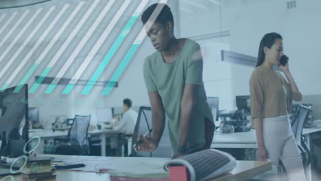 animation of multiple graphs and globe over african american businesswoman analyzing report on desk
