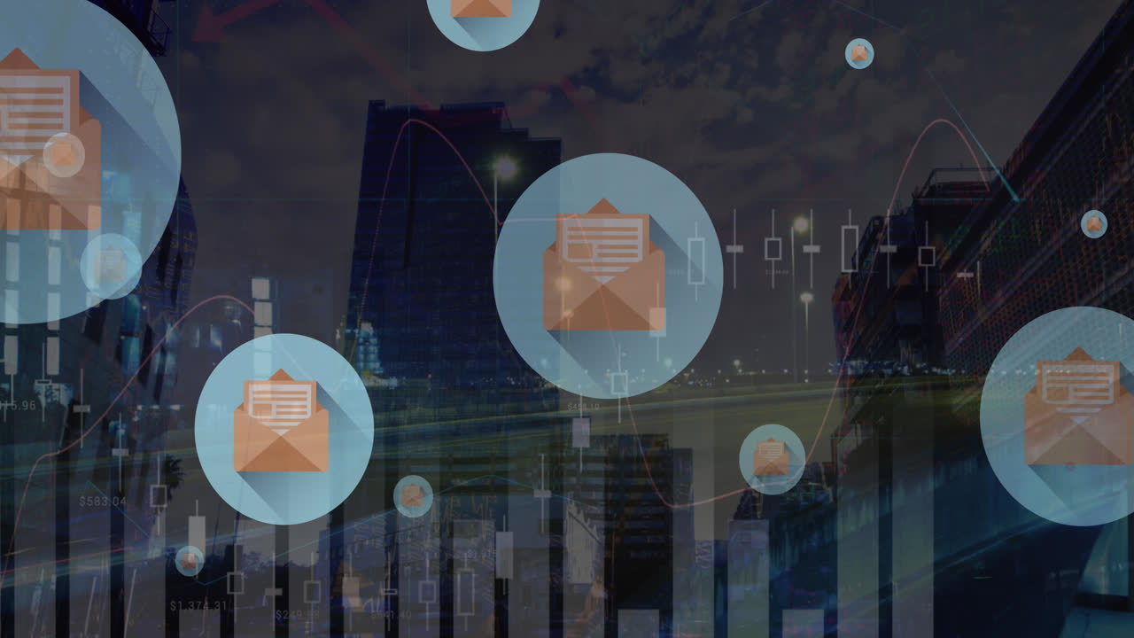 animación de iconos de correo electrónico y procesamiento de datos en cityscape