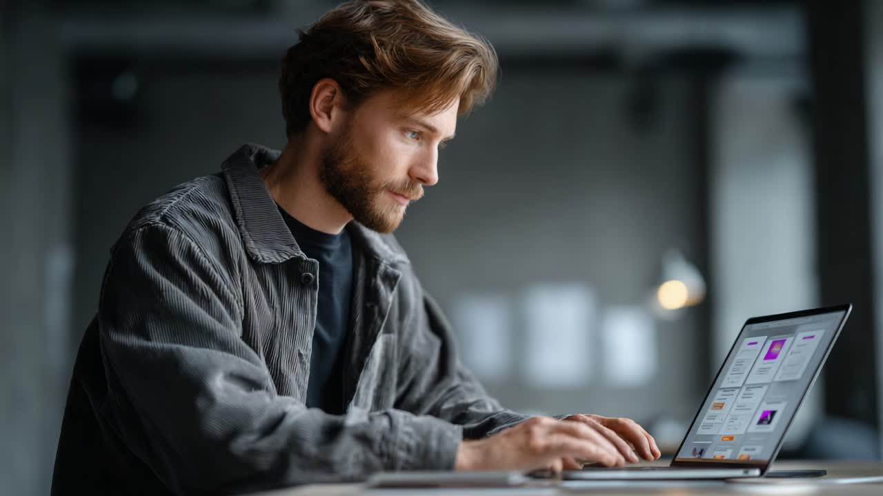 Focused young man working on his laptop, deeply engaged in tasks with a modern, minimalistic workspace, showcasing concentration and productivity in a contemporary setting