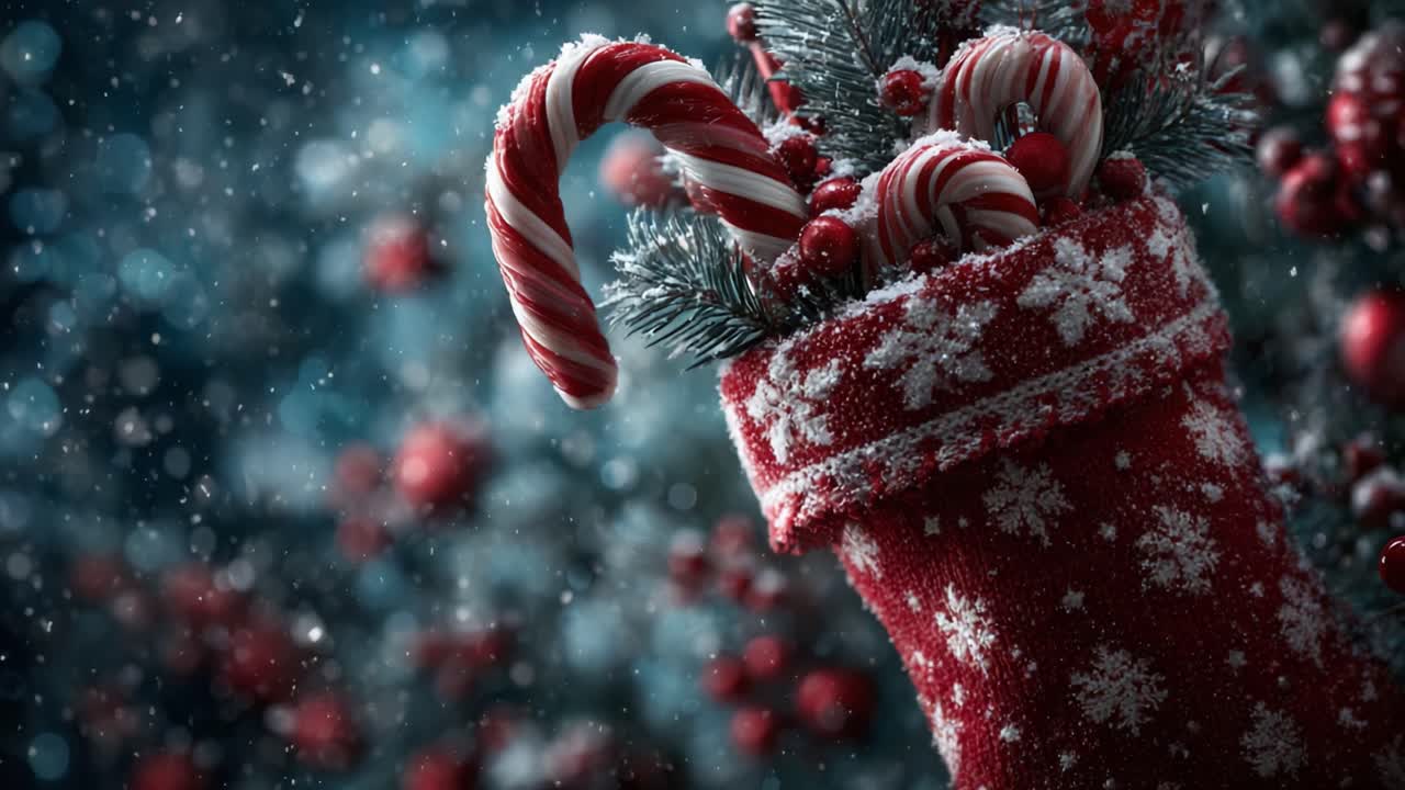 A Festive Christmas Stocking Overflowing with Candy Canes and Holiday Decorations Surrounded by a Sparkling Winter Wonderland