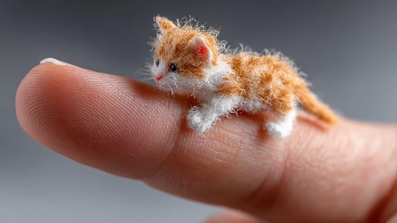 A Tiny, Adorable Orange Kitten Perched Delicately on a Finger, Capturing the Heart with Its Playful Expression and Lifelike Details in a Unique Close-Up Perspective