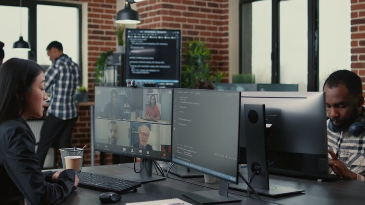 Software company employee in video call conference with client team discussing coding project