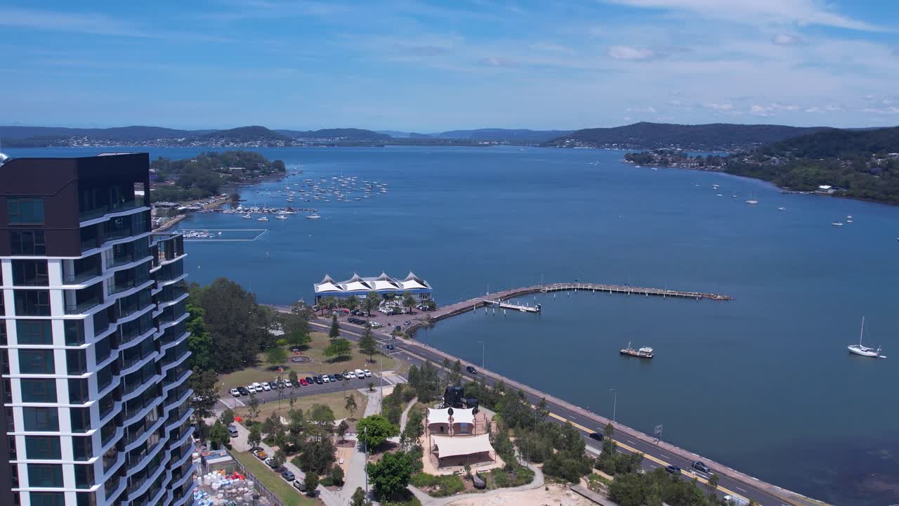 Drone Fly Past Gosford High-Rise Development Toward Brisbane Water, Central Coast NSW – 4K Aerial Footage (November 2025)