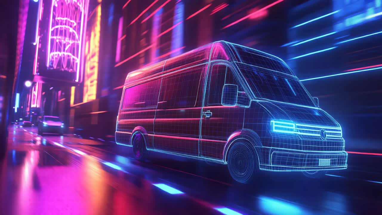 Futuristic Van in Neon Cityscape