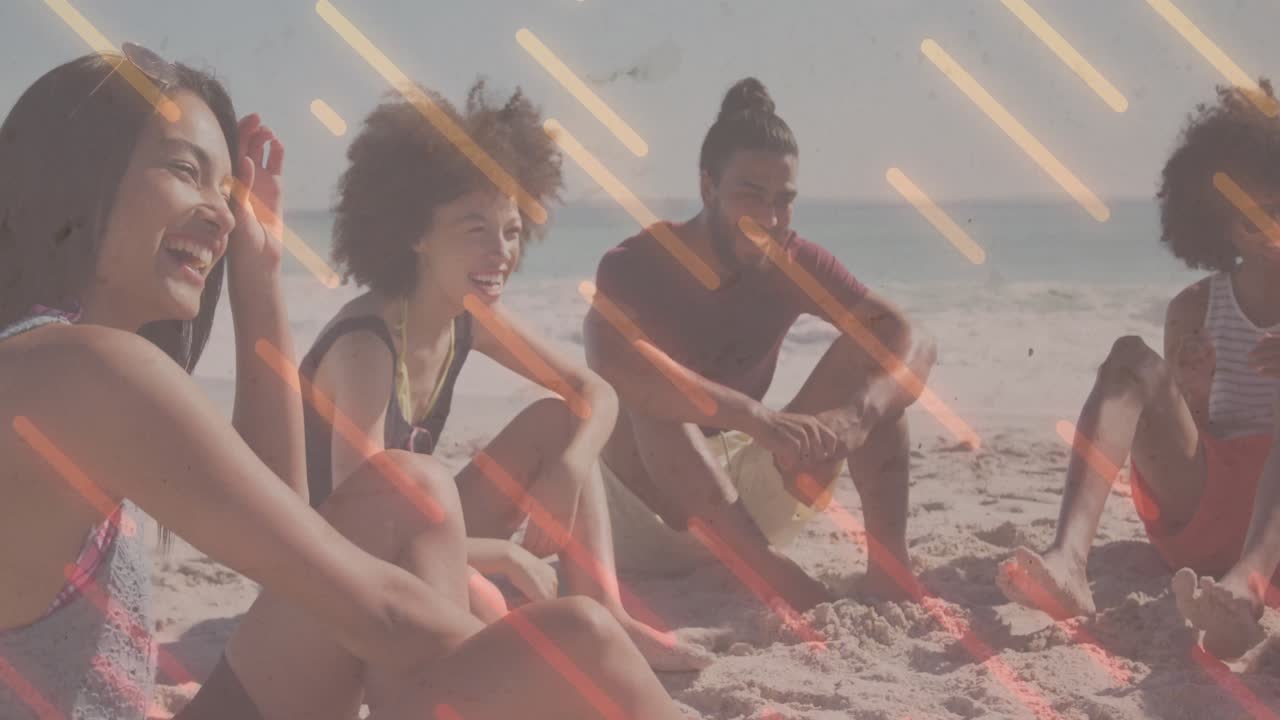 Business team brainstorming on beach, with animated graph icons and idea bubbles