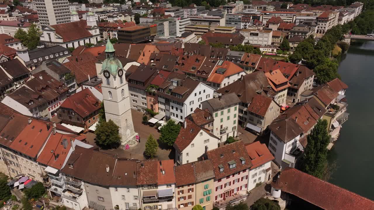 historic center of olten with rooftops and clock tower in solothurn switzerland