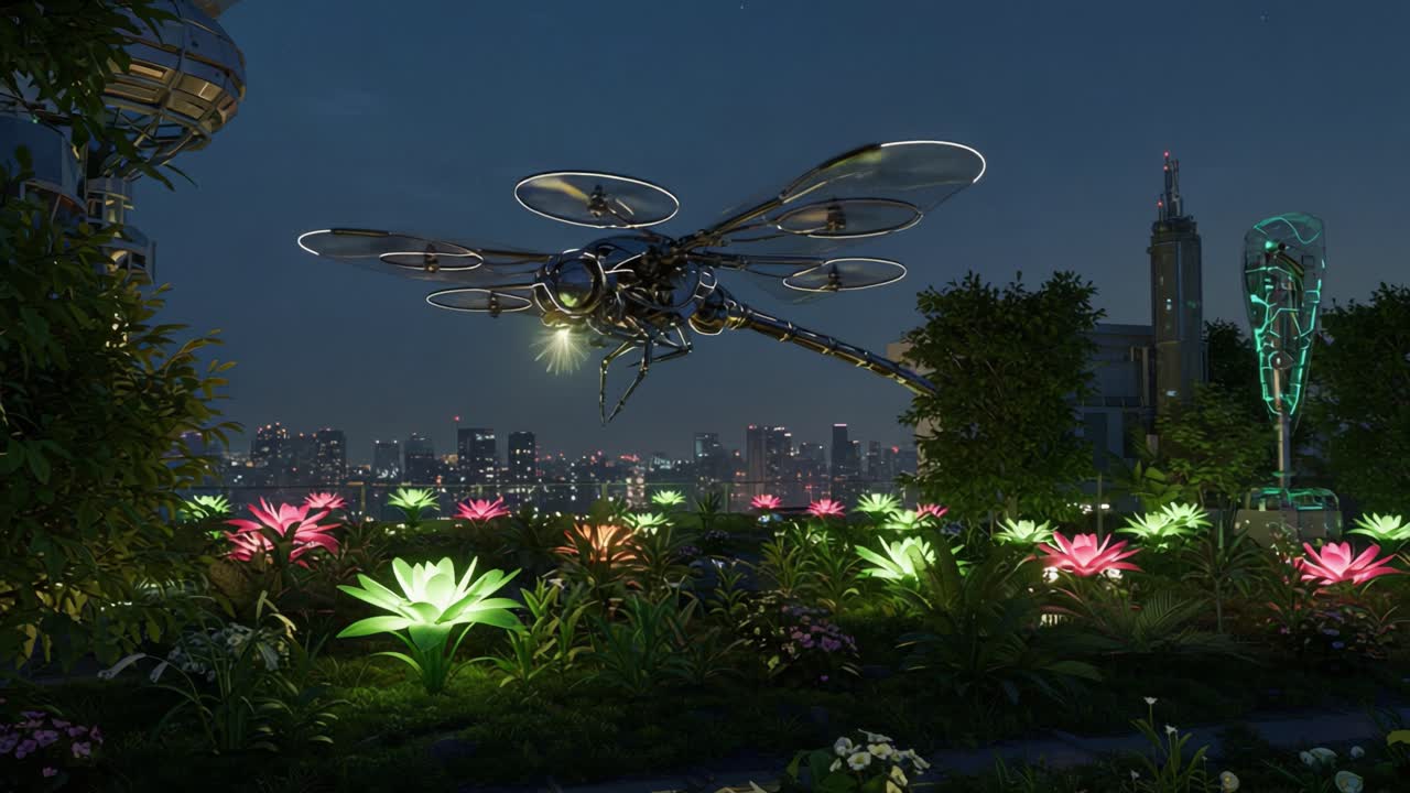 A Futuristic Drone Hovers Over a Neon Flower Garden Under a Night Sky, Showcasing Advanced Technology and Vibrant Nature in Harmony