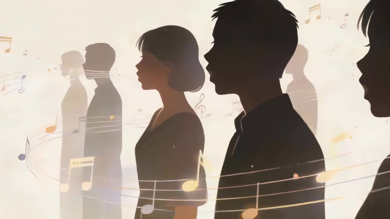 Following notes, choir figures in formal attire opening mouths and performing on warm backdrop