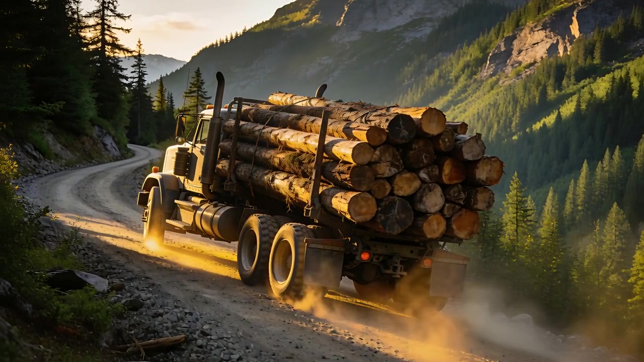 Starting descent, logging truck hauling cut logs toward sunlit valley on mountain road kicking dust