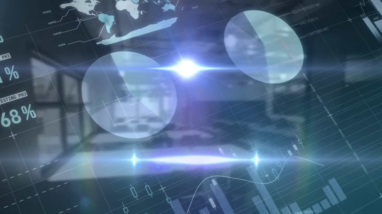 백그라운드에서 비어있는 사무실에 대한 세계 지도에 대한 금융 데이터 처리