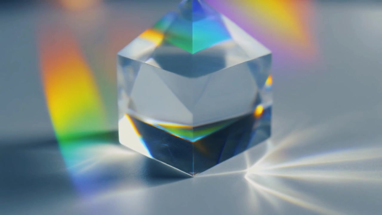 Luce che si rifrange attraverso un prisma di vetro creando colori arcobaleno