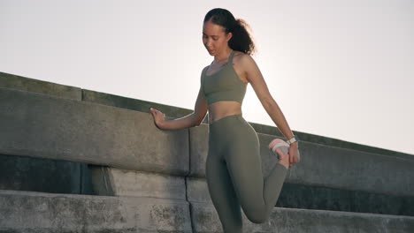 woman, fitness and stretching legs outdoor