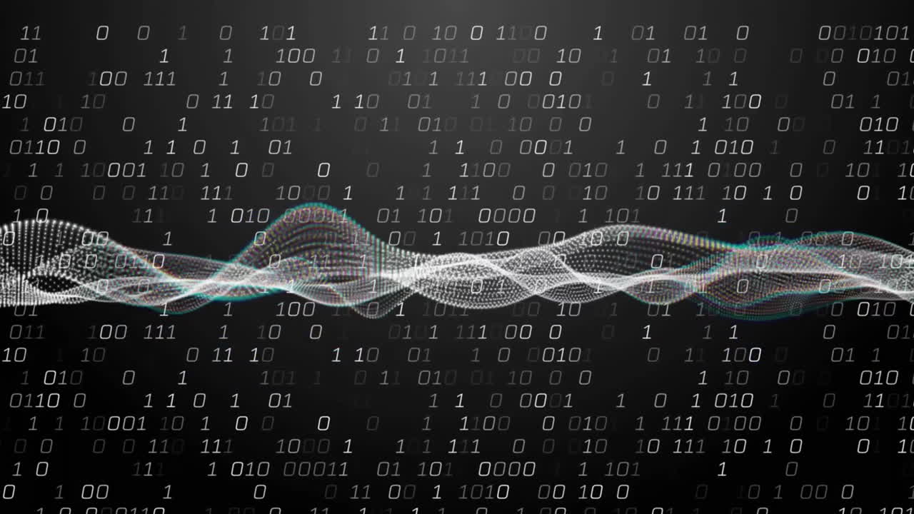 Animation of dynamic wave pattern and binary codes over black background