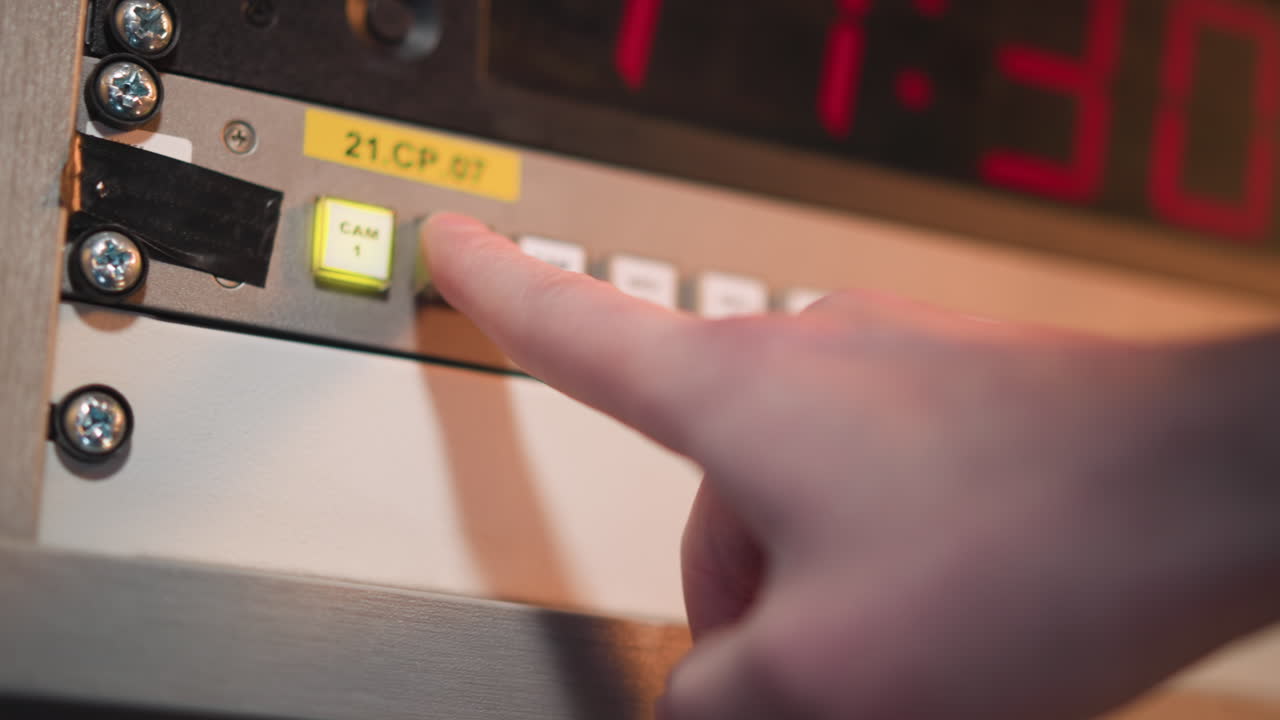 Close-up shot of finger pressing button on electronic control panel, green light indicating activation, with red timer displayed. Broadcast studio control in action