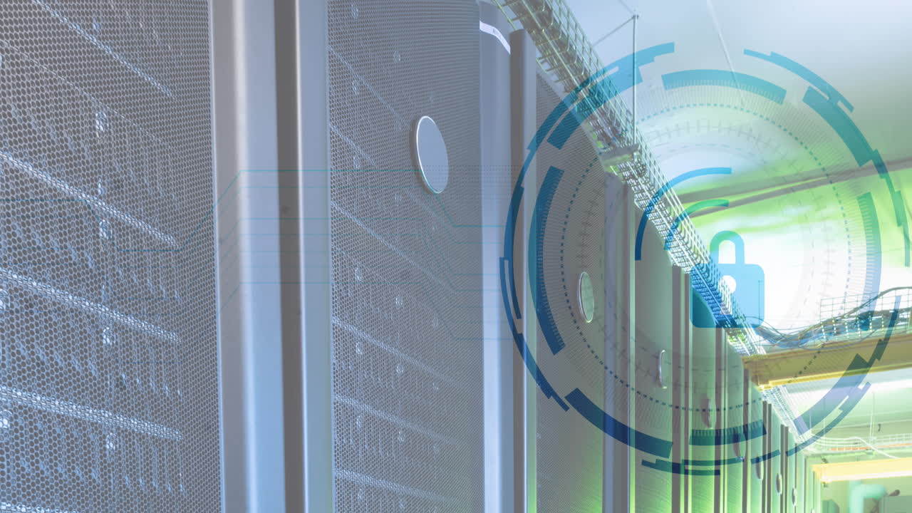 Animation of padlock in loading circles over data server racks in server room