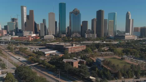 drone view of skyscrapers in the downtown houston area