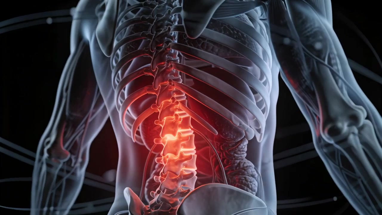 Et roterende kamera afslører en anatomisk torso i et medicinsk laboratorium, der fremhæver pulserende lændehvirvler.