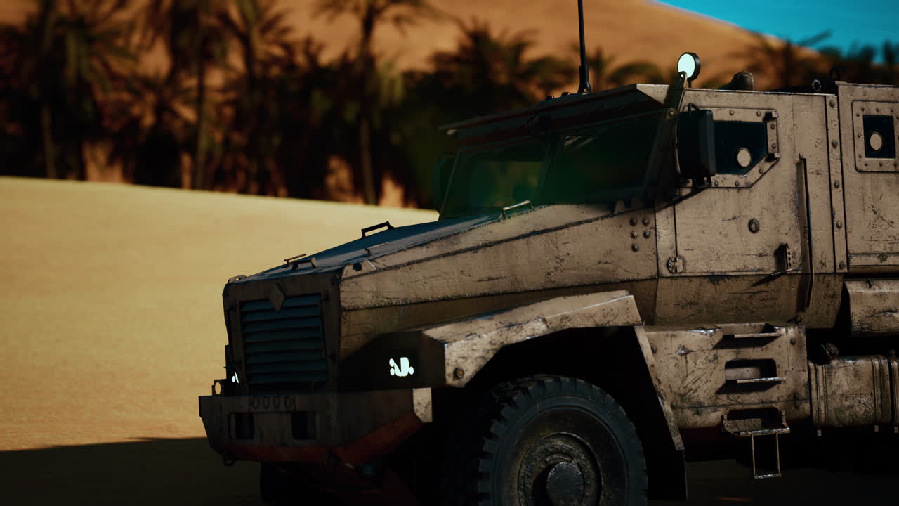 사막에서 장갑 군사 트럭