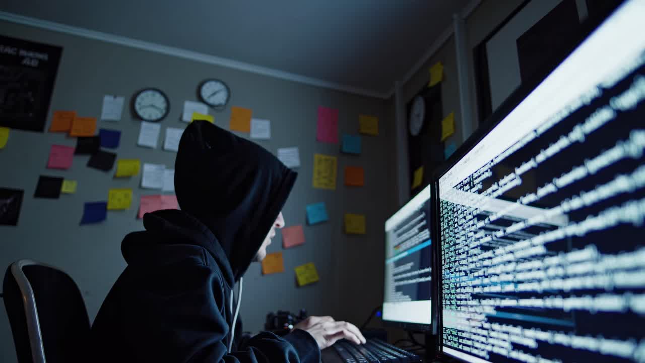 A video captures a hacker in a dim room, side angle, focused on dual monitors with code