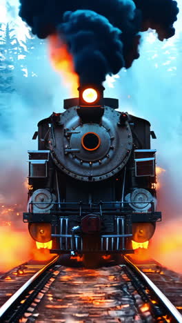 vintage steam train passing through foggy forest at dusk. a steam train emits plumes of smoke while traveling along tracks surrounded by a dense forest at twilight. vertical video