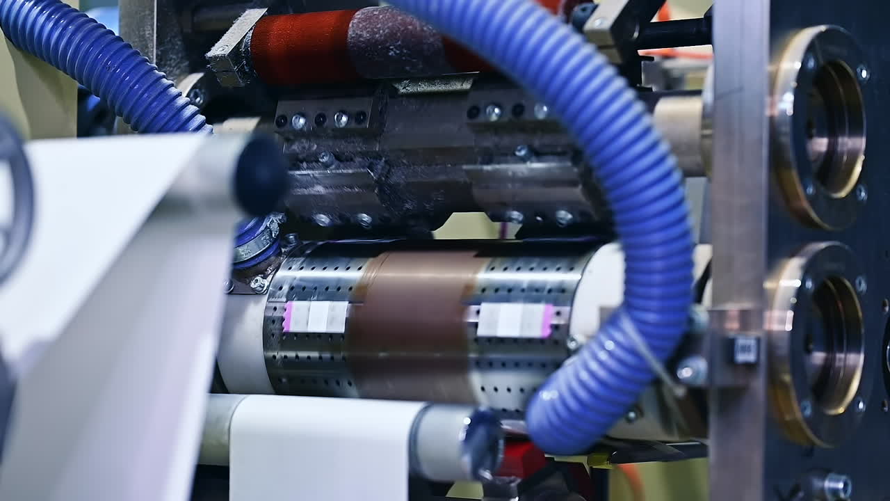 Enterprise for the production of diapers. Spinning shafts rotate and move the white layer between the gears of machine. Mechanism at work close up.