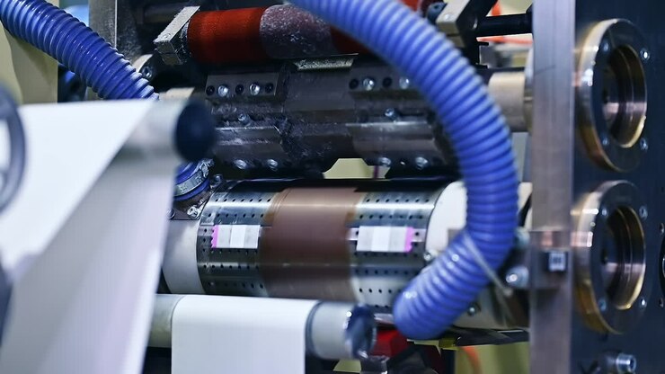 Enterprise for the production of diapers. Spinning shafts rotate and move the white layer between the gears of machine. Mechanism at work close up.